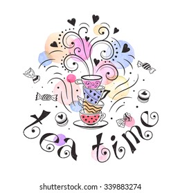 Tea time poster concept. Tea party card design. Hand drawn doodle illustration with teapots, cups and sweets.