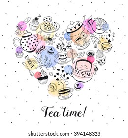 Tea time poster concept. Tea party card design. Hand drawn doodle illustration with teapots, cups and sweets. Tea time objects in heart shape. I love tea.