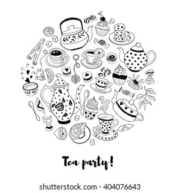 Tea time poster concept. Tea party card design. Hand drawn doodle illustration with teapots, cups and sweets. Tea time objects in circle  shape. I love tea.