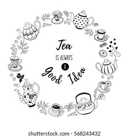 Tea time poster concept. Tea party invitation card design. Hand drawn doodle illustration with teapots, cups and sweets. 