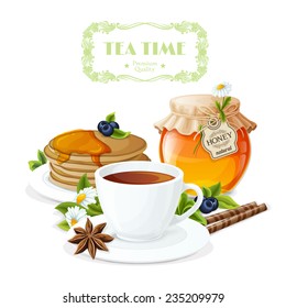 Tea time poster with cup and saucer honey jar and pancakes plate vector illustration.