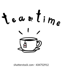 Tea time poster. Cup of tea vector illustration. Doodles.