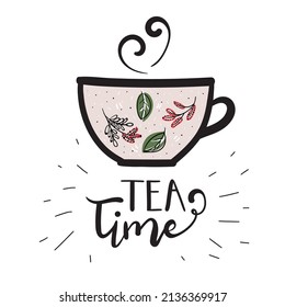 Tea time poster in hand-drawn style. Color print on white background. Vector illustration
