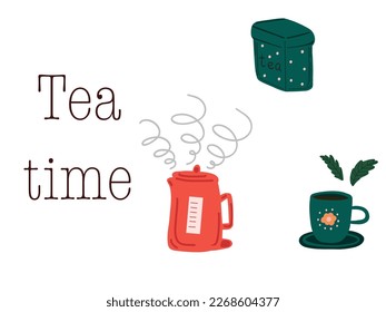 Tea time poster with kettle and green mug
