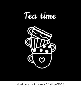 Tea time poster and stacked tea cups in line style black background  