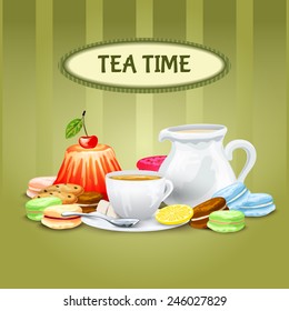 Tea time poster with sweet food cookies macaron cup saucer pot vector illustration