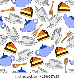 Tea time: tea pots, cakes, forks, cups and sausers. Seamless pattern Vector graphics.