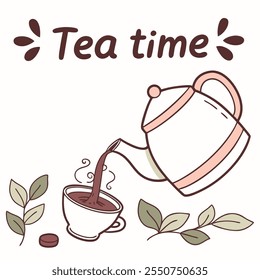 Tea Time: Pouring Hot Beverage into Cup vector flat design