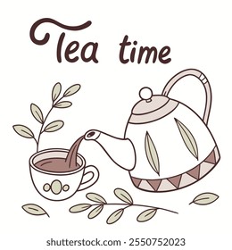 Tea Time: Pouring Tea into a Cup vector flat design