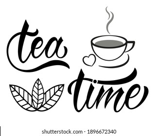 Cita del té. Logotipo de vector dibujado a mano con tipografía de letras sobre fondo blanco. Ilustración con eslogan para imprimir, banner, volante, afiche, pegatina