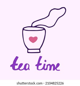 Tea time quote. Hand drawn vector logotype with lettering typography on white background. Illustration with slogan for print, banner, flyer, poster, sticker