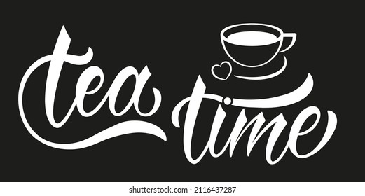 Cita del té. Logotipo de vector dibujado a mano con tipografía de letras sobre fondo negro. Ilustración con eslogan para imprimir, banner, volante, afiche, pegatina