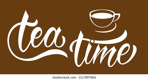 Cita del té. Logotipo de vector dibujado a mano con tipografía de letras sobre fondo negro. Ilustración con eslogan para imprimir, banner, volante, afiche, pegatina