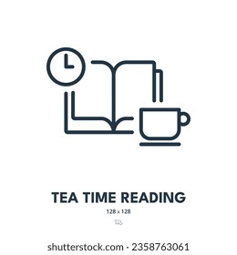 Icono de lectura del tiempo del té. Libro, Bebida, Copa. Stroke editable. Icono de vector simple