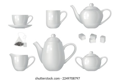 Tea time. Realistic kettle sugar bowls cups for hot drinks decent vector illustrations set