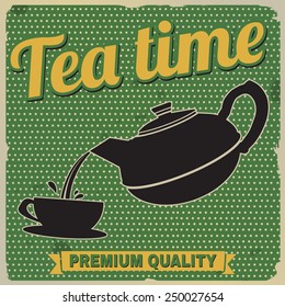 Tea time retro poster on green in vintage style, vector illustration