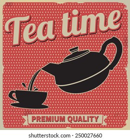 Tea time retro poster on red in vintage style, vector illustration