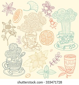 tea time scrapbook set, vintage vector illustration with tea cups. orange and flowers