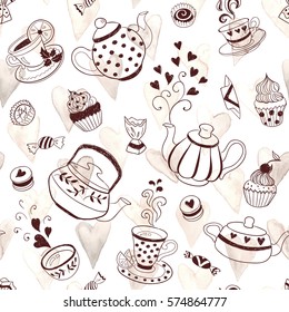 Tea time seamless background. Hand drawn doodle illustration with teapots, cups and sweets.