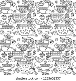 Tea time seamless coloring pattern. Tea party background design. Hand drawn doodle illustration with teapots, cups and sweets.