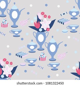 Tea time seamless pattern. Blue and pink colors. Teapot, cups, sweets, bakery, flowers
