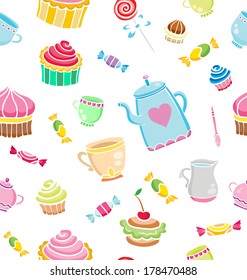 Tea time seamless pattern for design. Sweet life. Vector illustration.