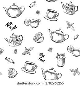 Tea time. Seamless pattern. Doodle style 