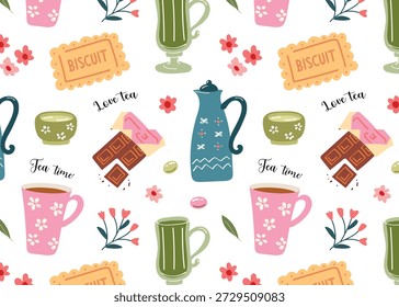 Patrón inconsútil del tiempo del té, Ilustración vectorial creativa de la comida y de la pista, impresión, se puede utilizar para el patrón textil, cubierta, tela, papel de embalaje, Fondo de pantalla, fondo, Vector