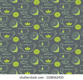 Tea time seamless pattern  Hand drawn ink brush design  Teapot  cup  lemon icon symbols outline style elements  Light green  neon contours  Grey easy editable color background  Vector
