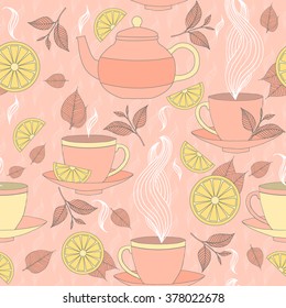 Tea time seamless pattern with hand drawn doodle elements. Breakfast seamless  pattern in soft colors with tea pots, tea leaves, lemon, tea cup and other .