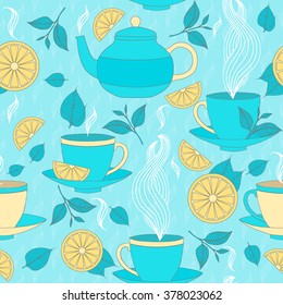 Tea time seamless pattern with hand drawn doodle elements. Breakfast seamless  pattern in soft colors with tea pots, tea leaves, lemon, tea cup and other .