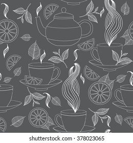 Tea time seamless pattern with hand drawn doodle elements. Monochrome breakfast seamless  pattern with tea pots, tea leaves, lemon, tea cup and other .