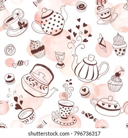 Tea time seamless pattern. Hand drawn doodle illustration with teapots, cups and sweets. Watercolor vector texture.