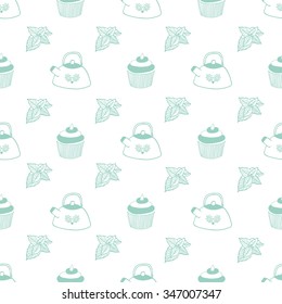 Tea time seamless pattern. Hand-drawn elements: teapot, mint, cupcakes