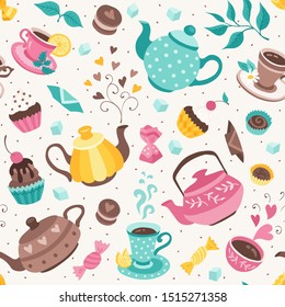 Tea time seamless pattern. Tea party wrapping paper design. Hand drawn doodle illustration with teapots, cups and sweets on white background.