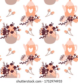Tea time seamless pattern. Tea party background design. Hand drawn doodle illustration with teapots, cups and sweets with vintage flowers.