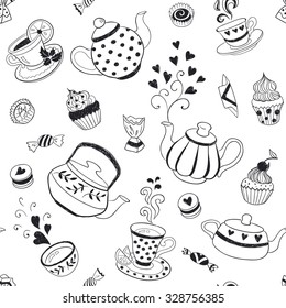 Tea time seamless pattern. Tea party background design. Hand drawn doodle illustration with teapots, cups and sweets.
