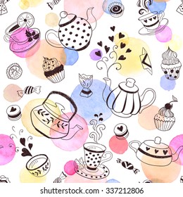 Tea time seamless pattern. Tea party background design. Hand drawn doodle illustration with teapots, cups and sweets.