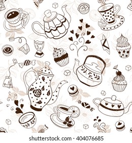 Tea time seamless pattern. Tea party background design. Hand drawn doodle illustration with teapots, cups and sweets.