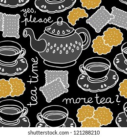 tea time seamless pattern with porcelain and cookies on dark background