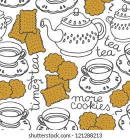 tea time seamless pattern with porcelain and cookies on white background