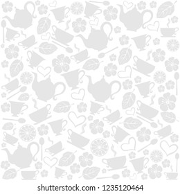 Tea time. Seamless pattern with tea pots and tea cups. Endless texture for wallpaper, web page background, wrapping paper. White background. Vector Illustration