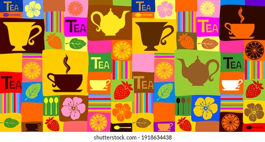 Tea time. Seamless pattern with tea pots and tea cups. Cute kitchen pattern. Perfect for wallpaper, pattern fills, textile, web page background, surface textures.  Horizontal banner. vector