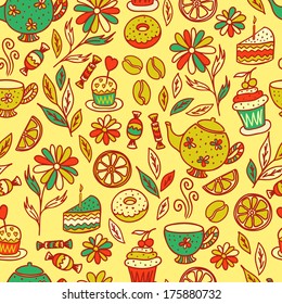 tea time seamless pattern set of elements