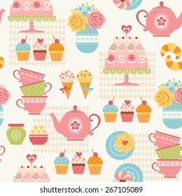 Tea time seamless pattern with sweets and tea things.