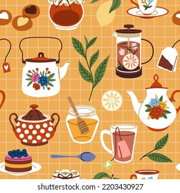 Tea time seamless pattern. Tasty breakfast sweets and desserts with hot drinks mugs and ceramic cups, sweet cakes, pastries jam and honey, kettle and teapot. Decor textile tidy vector print