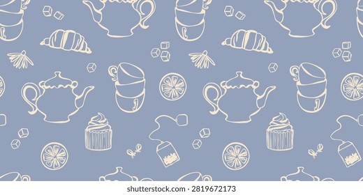 Tea time seamless pattern with teapots, cups, and pastries. Vector illustration of hand-drawn teapot, croissant, cupcake, lemon, and teabag doodle on blue background