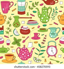 Tea time seamless pattern. Teapots, cups, leaves, cupcakes and sweets hand drawn on a light background. Vector illustration in cartoon style.