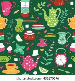 Tea time seamless pattern. Teapots, cups, leaves, cupcakes and sweets hand drawn on a dark background. Vector illustration in cartoon style.