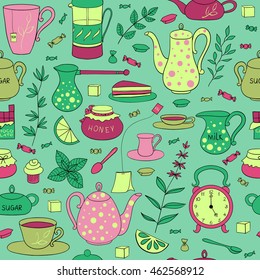 Tea time seamless pattern. Teapots, cups, leaves, cupcakes and sweets hand drawn on a turquoise background. Vector illustration in cartoon style.